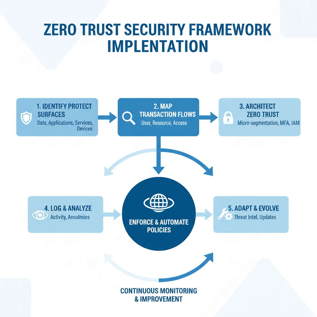 A flowchart illustrating the steps involved in implementing a Zero Trust Security framework, from identifying protect surfaces to continuous monitoring and improvement.