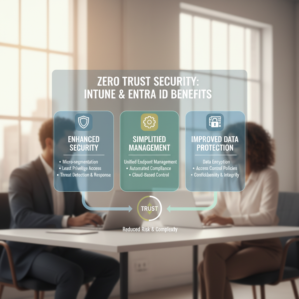 A graphic summarizing the key benefits of implementing a Zero Trust security framework with Intune and Entra ID, such as enhanced security, simplified management, and improved data protection.