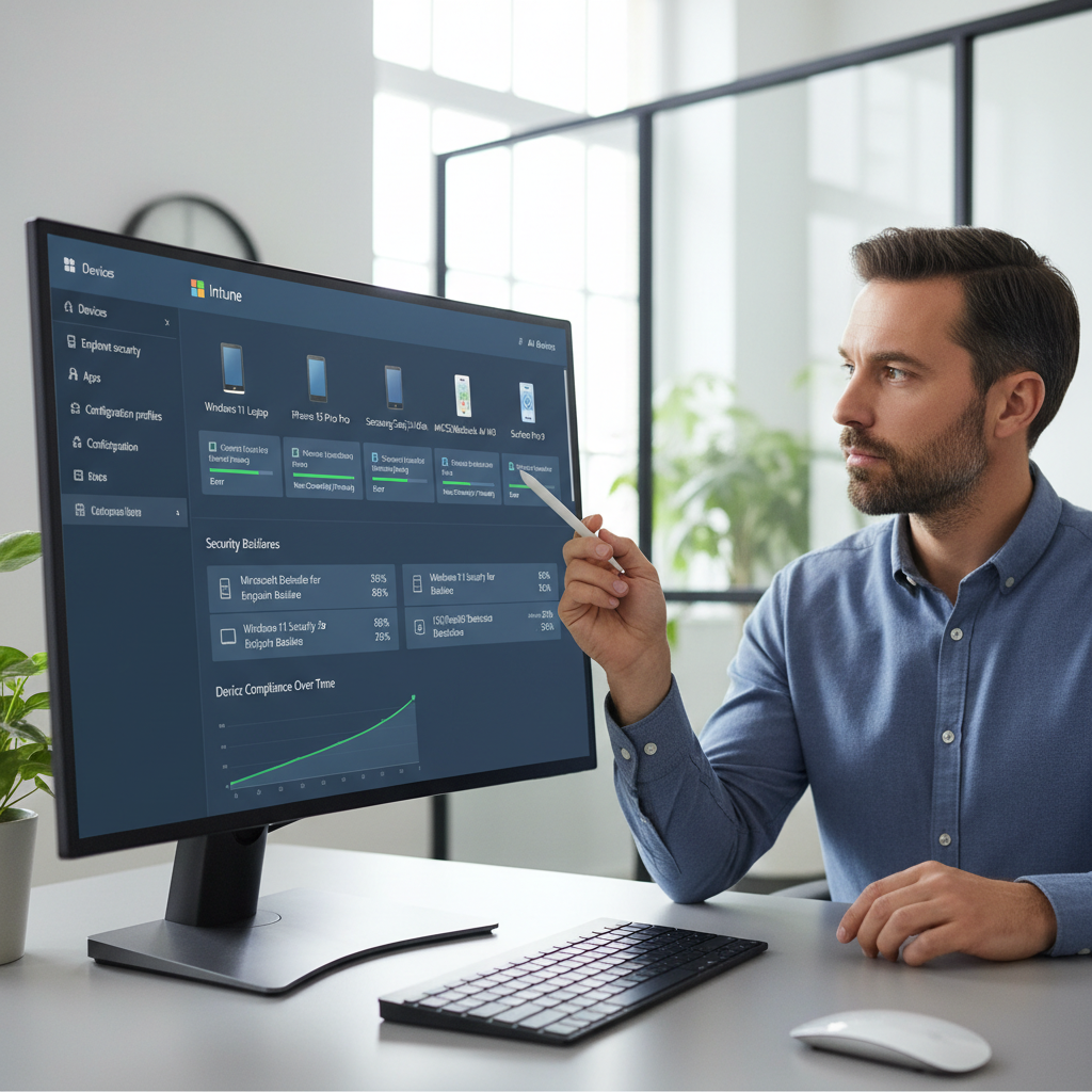 An IT administrator managing devices through the Microsoft Intune console, showcasing various device types and security settings.