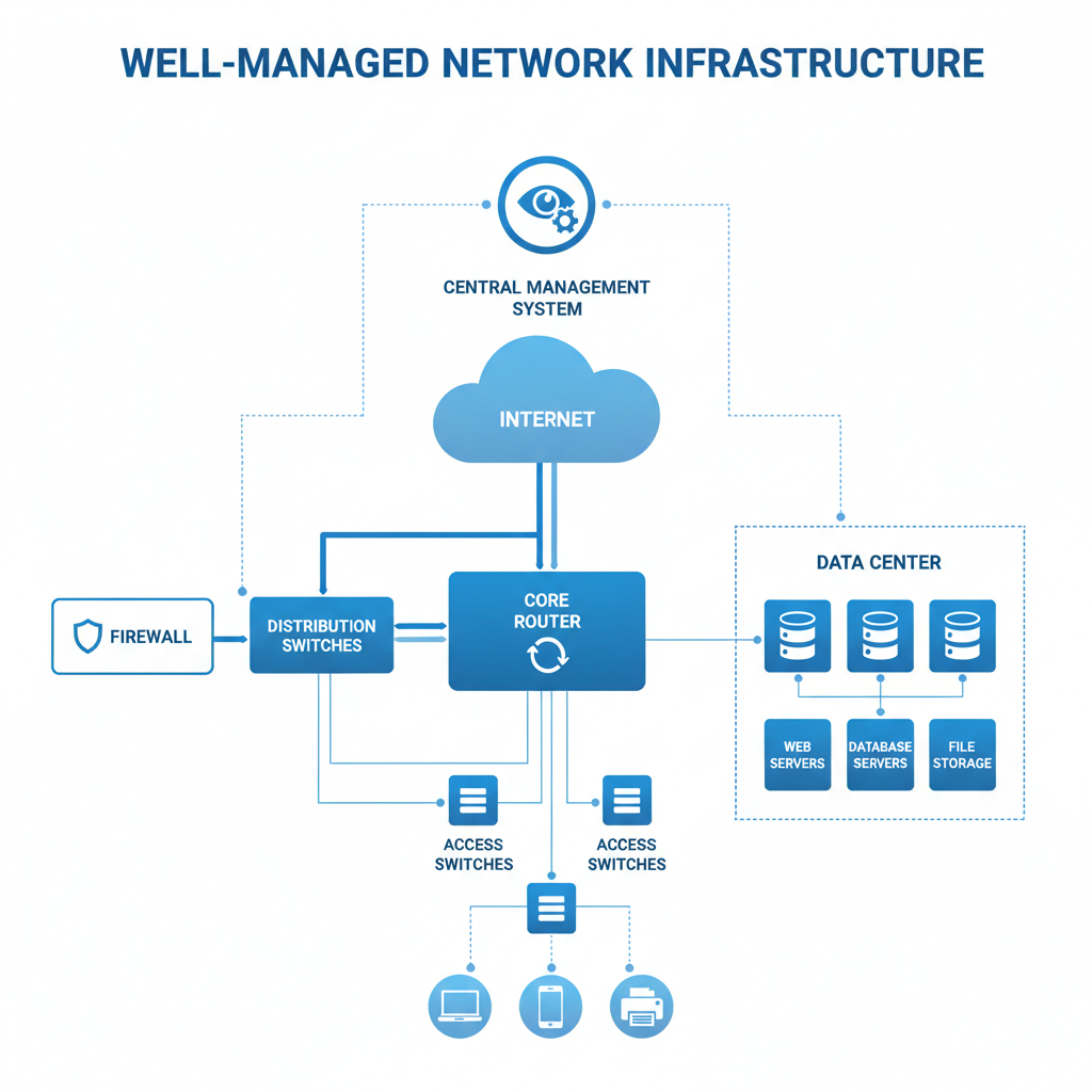 A diagram illustrating a well-managed network infrastructure with various components such as routers, switches, firewalls, and servers, all interconnected and monitored by a central management system.