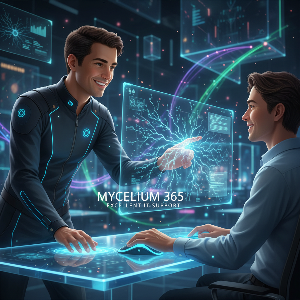 A friendly IT support technician assisting a user with a technical issue, showcasing Mycelium 365's commitment to providing excellent IT support.