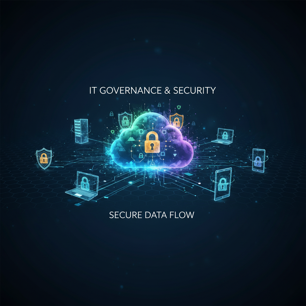 Abstract representation of data flowing securely through a cloud environment, with padlock icons and a network of connected devices, symbolising IT governance and security. Professional, digital art style.