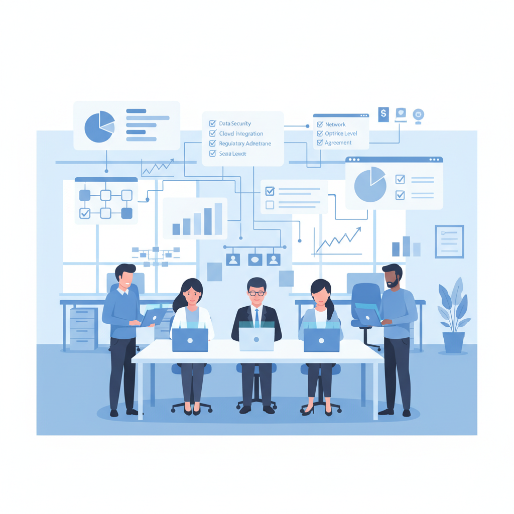 A diverse team of business professionals collaborating seamlessly in a modern office, using laptops and tablets. A subtle overlay of digital charts and compliance checklists illustrates efficient enterprise IT management.