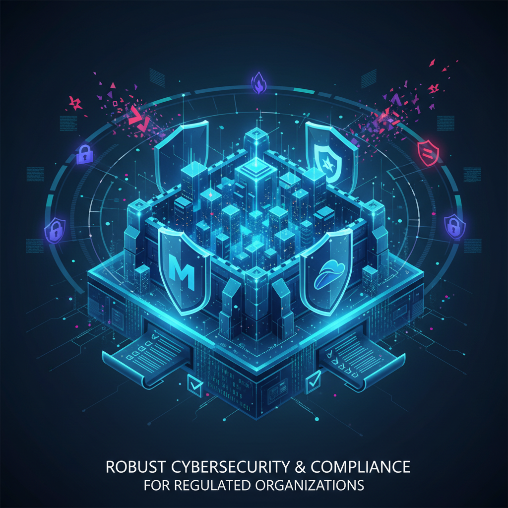 A stylised graphic depicting a shield or fortress protecting a digital city, with elements of Microsoft 365, Azure, and Defender logos subtly integrated. Represents robust cybersecurity and compliance for regulated organisations.