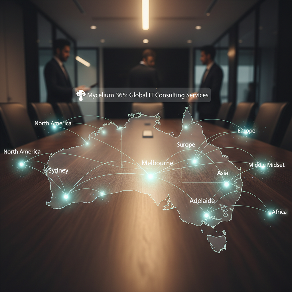 A map of Australia with glowing dots representing Melbourne, Sydney, Perth, Brisbane, and lines connecting to other global regions, illustrating Mycelium 365's widespread service capability for IT consulting services.