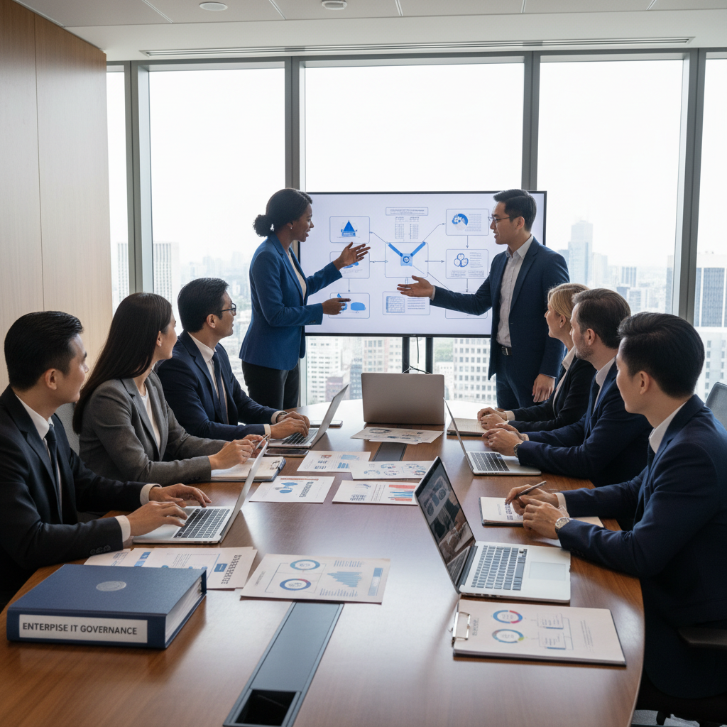A diverse team of professionals collaborating around a table with laptops and tablets, discussing IT strategy and governance documents in a modern office.
