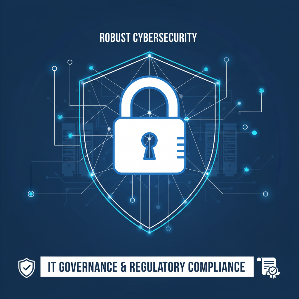 A padlock icon overlayed on a network diagram, symbolising robust cybersecurity and compliance within an IT infrastructure.