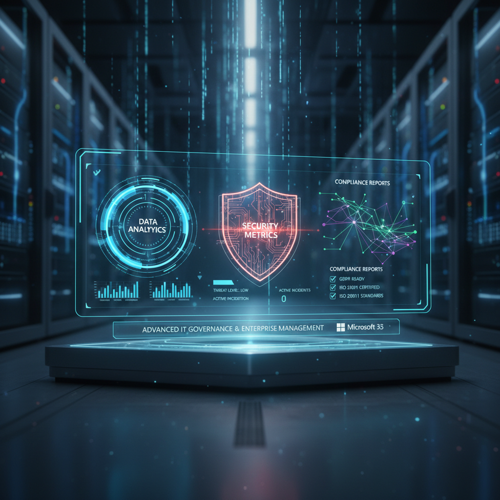 A futuristic dashboard displaying data analytics, security metrics, and compliance reports, representing advanced IT governance and enterprise management.
