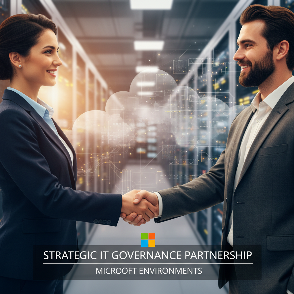 A handshake between two business professionals in front of a blurred background of a data centre or cloud infrastructure, symbolising a partnership in IT governance.