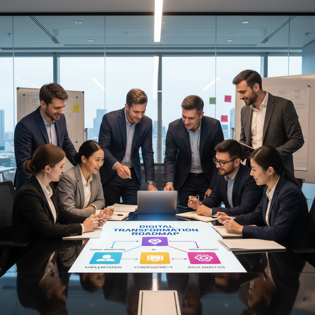 A diverse team of business professionals and IT consultants collaborating around a tablet displaying a digital transformation roadmap, in a modern office setting.