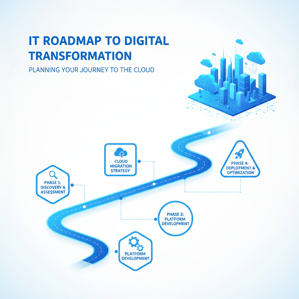 A strategic visual showing a winding road (roadmap) leading to a modern cloud-based city, symbolising IT roadmap planning and digital transformation.