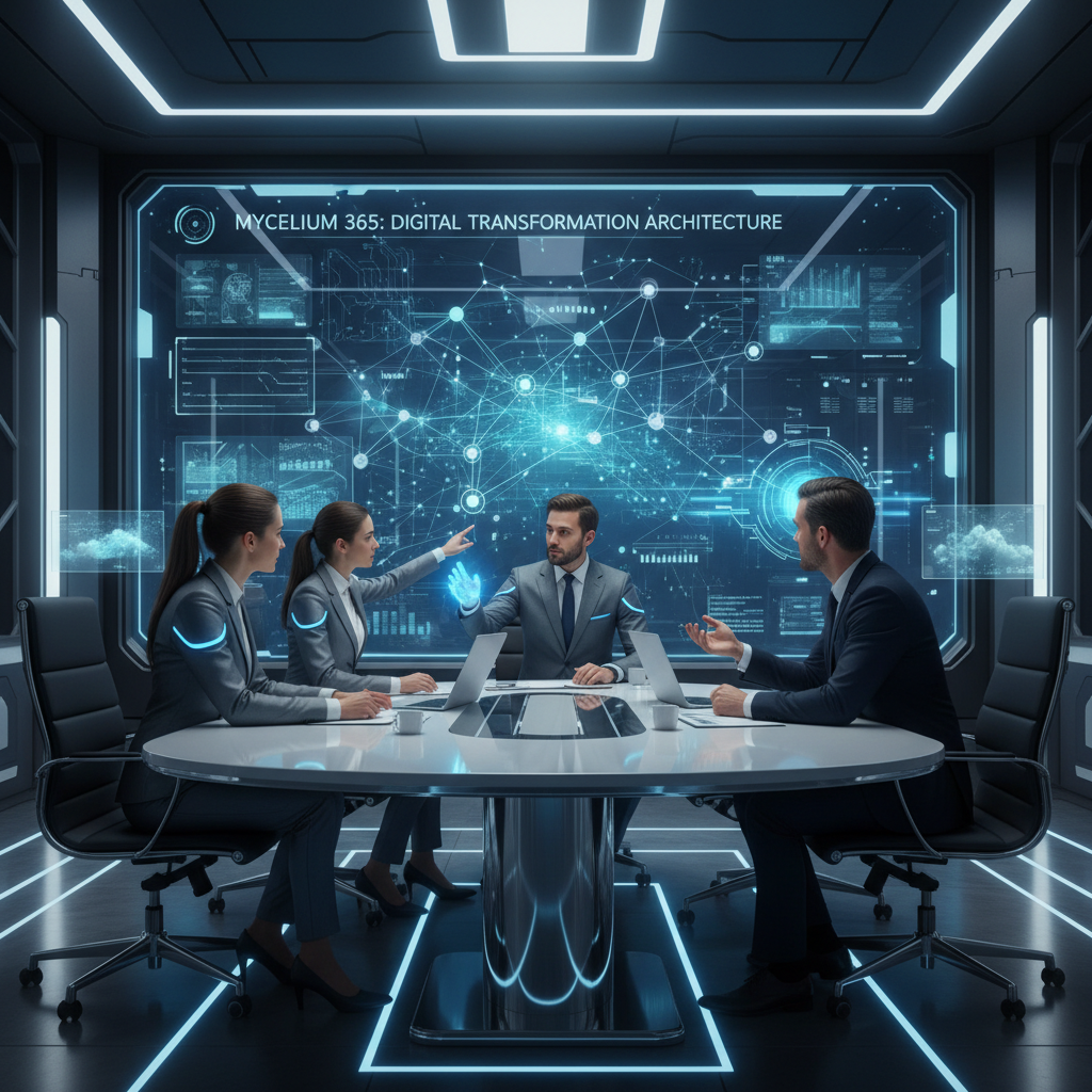 Mycelium 365 consultants in a meeting room, actively discussing IT strategy and digital transformation plans with a client.