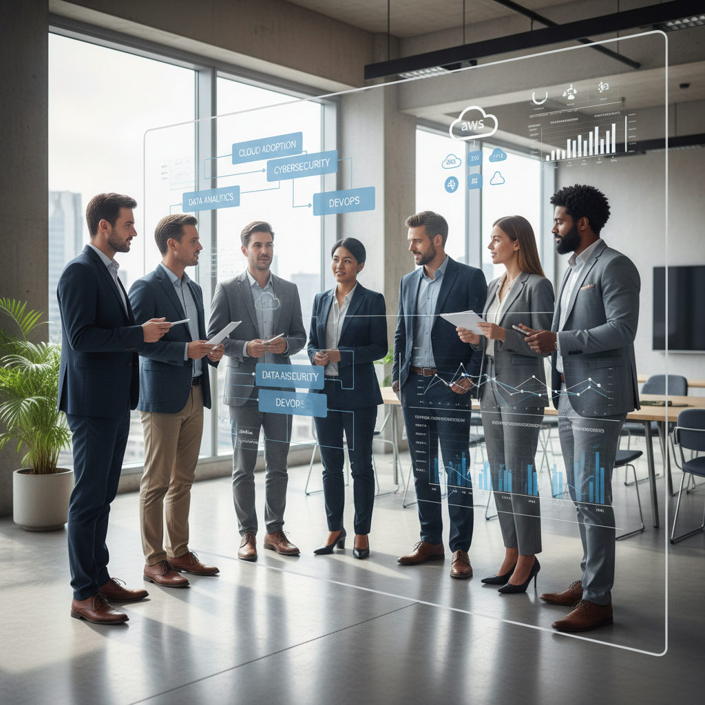A diverse team of professionals collaborating around a large digital display showing IT strategy frameworks and data visualisations