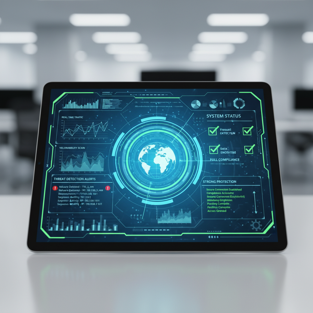 A close-up of a tablet screen displaying a cybersecurity dashboard with green checkmarks, signifying strong protection, with a blurred office background