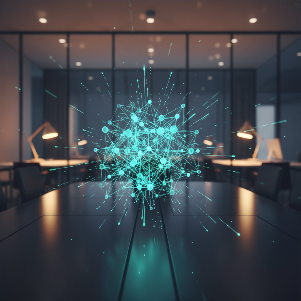An abstract representation of interconnected digital nodes and data flow, symbolising efficient IT infrastructure and cloud services