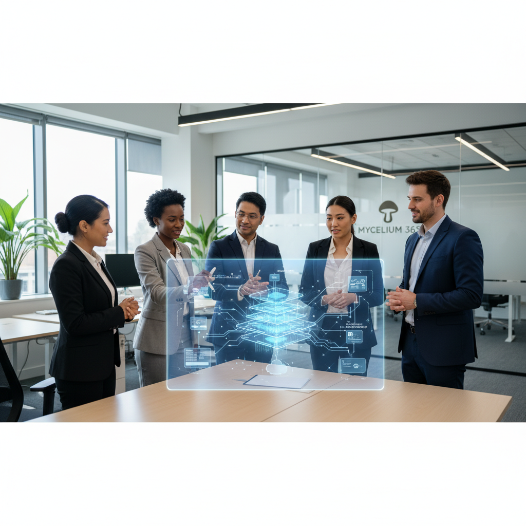A diverse team of IT professionals from Mycelium 365 collaborating around a holographic display showing network architecture and cloud infrastructure, with a modern, bright office setting in the background.