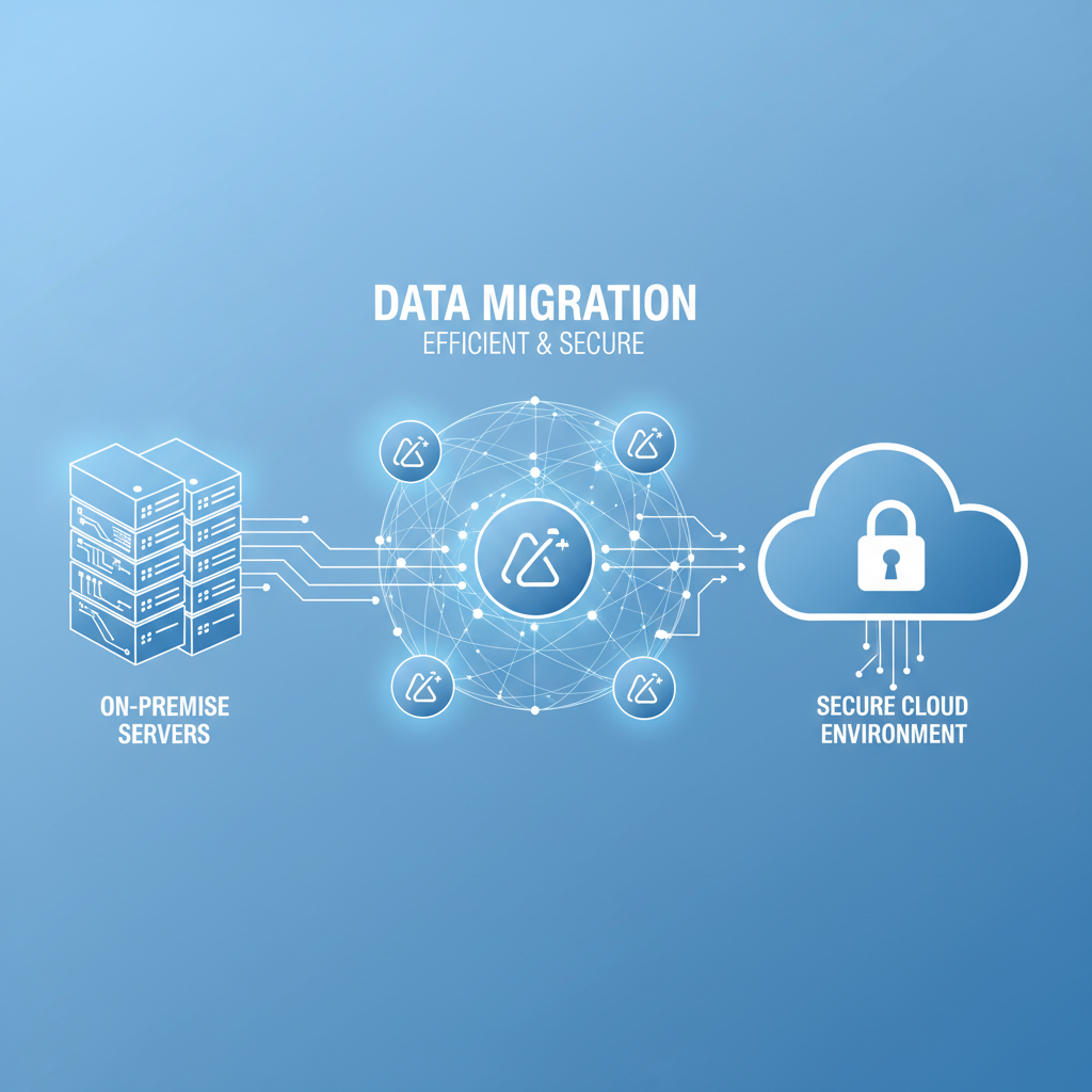 An abstract visualisation of data flowing seamlessly from on-premise servers into a secure cloud environment, represented by interconnected global networks and Microsoft Azure logos, illustrating a successful cloud migration.