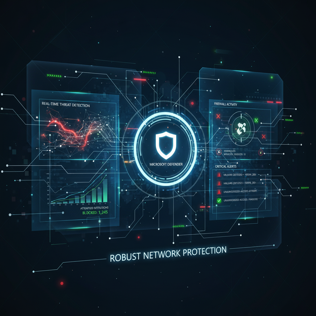 A sophisticated cybersecurity dashboard displaying real-time threat detection, firewall activity, and alerts, with a prominent Microsoft Defender logo, indicating robust protection for a business network.