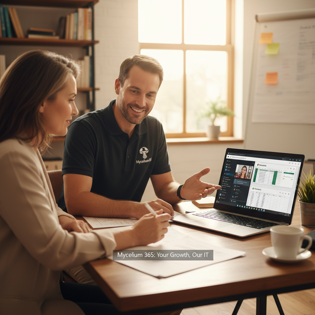 A Mycelium 365 IT expert providing dedicated, friendly support to a small business owner, demonstrating a collaborative partnership, with a laptop showing Microsoft 365 applications in use.