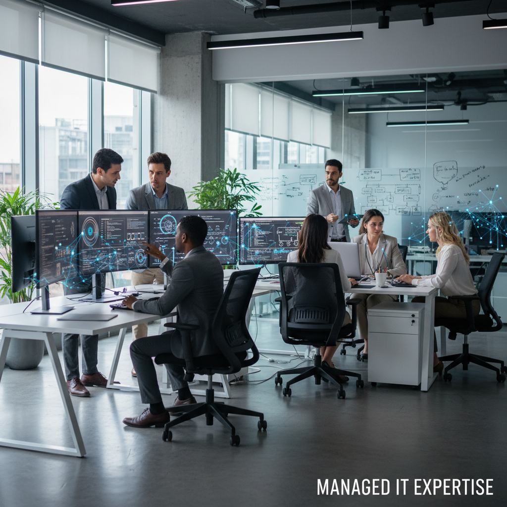 A diverse team of IT professionals collaboratively working in a modern office, reviewing data on multiple screens, symbolising comprehensive managed IT support.