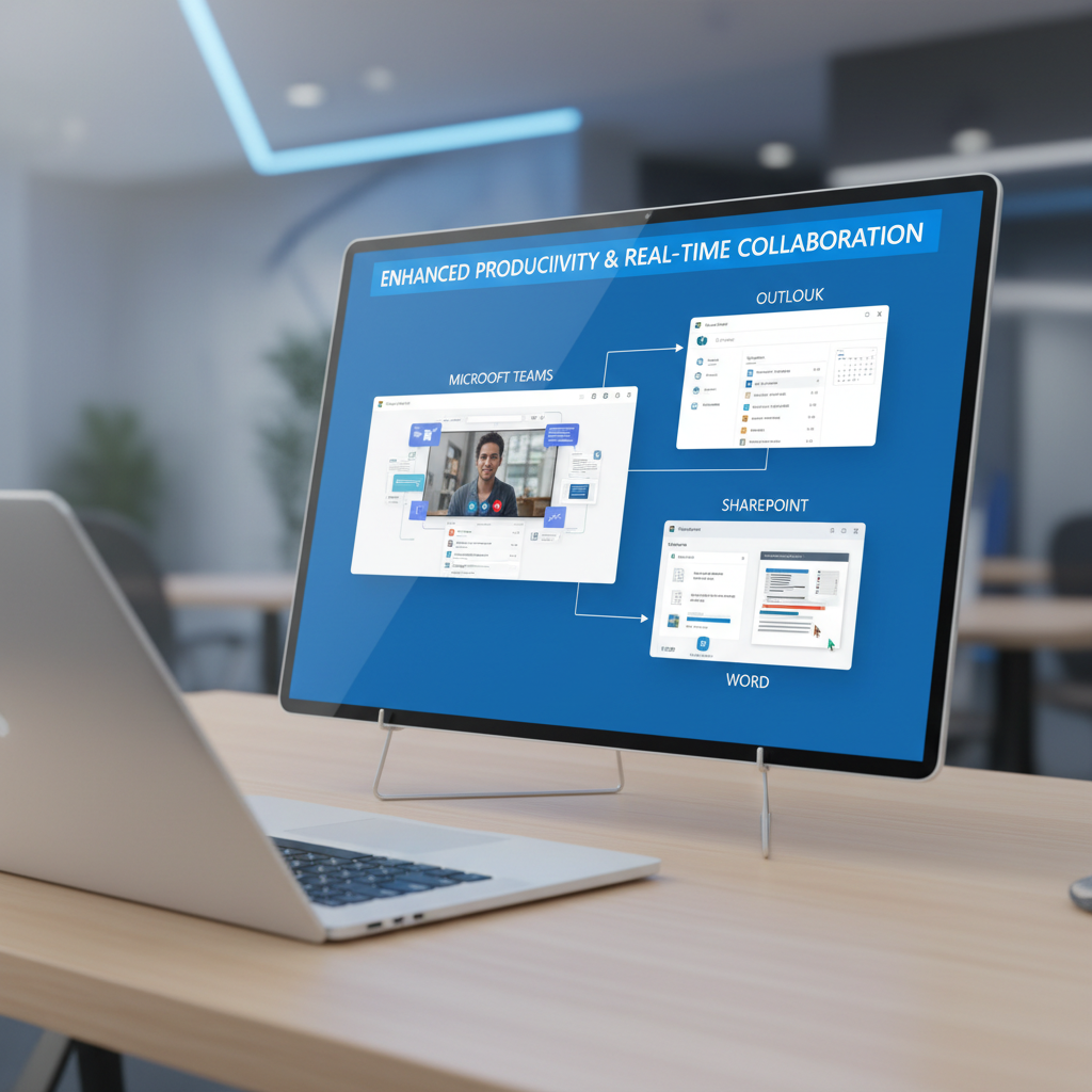 A screen displaying Microsoft 365 applications like Teams, Outlook, and SharePoint, illustrating seamless integration and collaboration features.