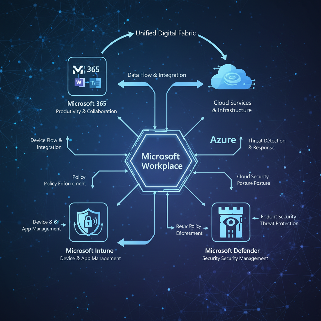 A schematic diagram illustrating the interconnected components of a Microsoft Modern Workplace, including Microsoft 365, Azure, Intune, and Defender, with arrows showing data flow and security.