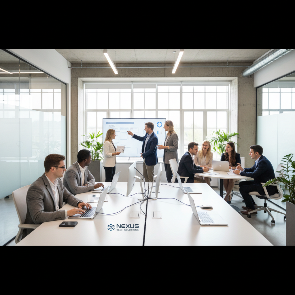 A modern office setting with employees collaborating on laptops, showcasing the seamless integration of technology in a workplace environment.