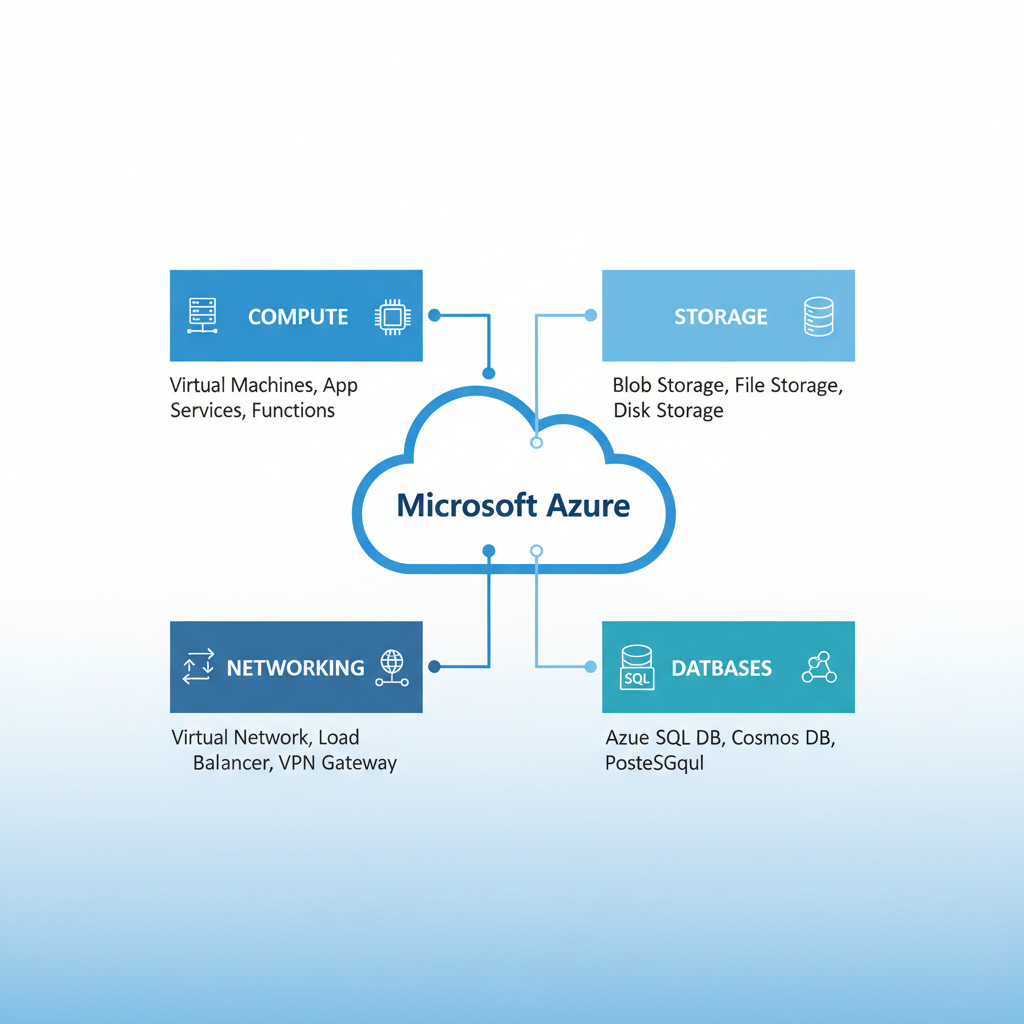 A diagram illustrating the various services offered within the Microsoft Azure platform, including compute, storage, networking, and databases.