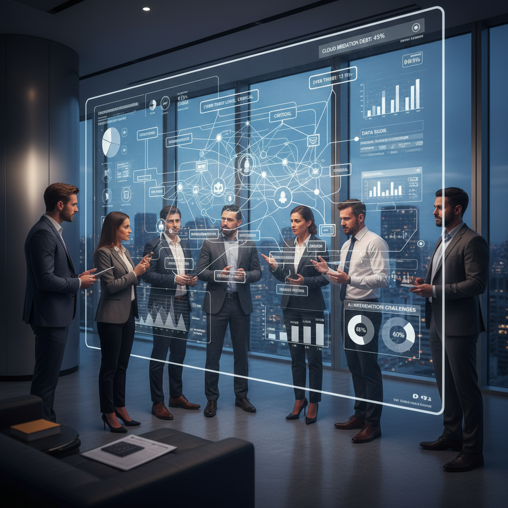 IT professionals collaborating on a complex network diagram, representing business IT challenges
