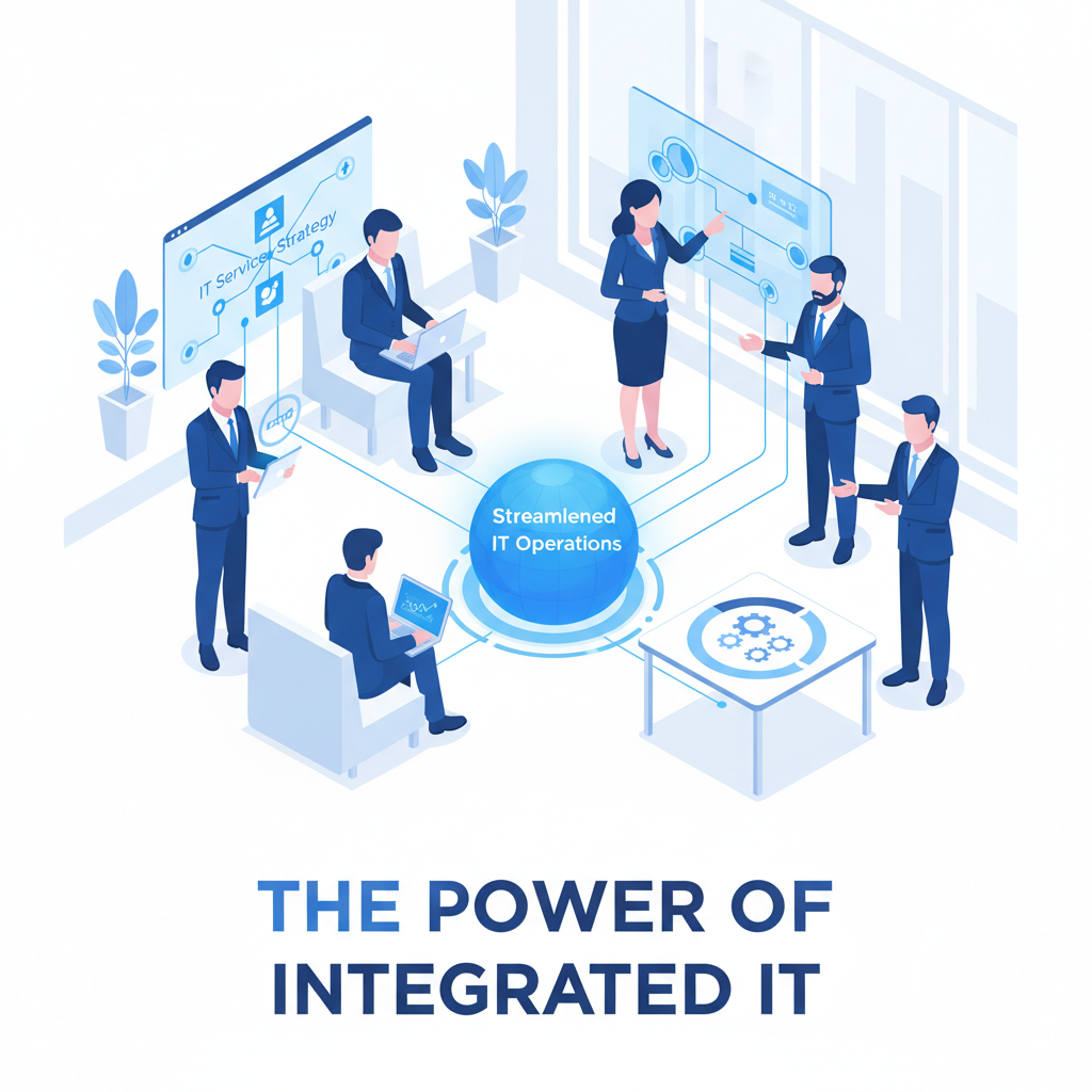 A diverse team collaborates in a modern office, leveraging integrated technology, representing efficient IT operations