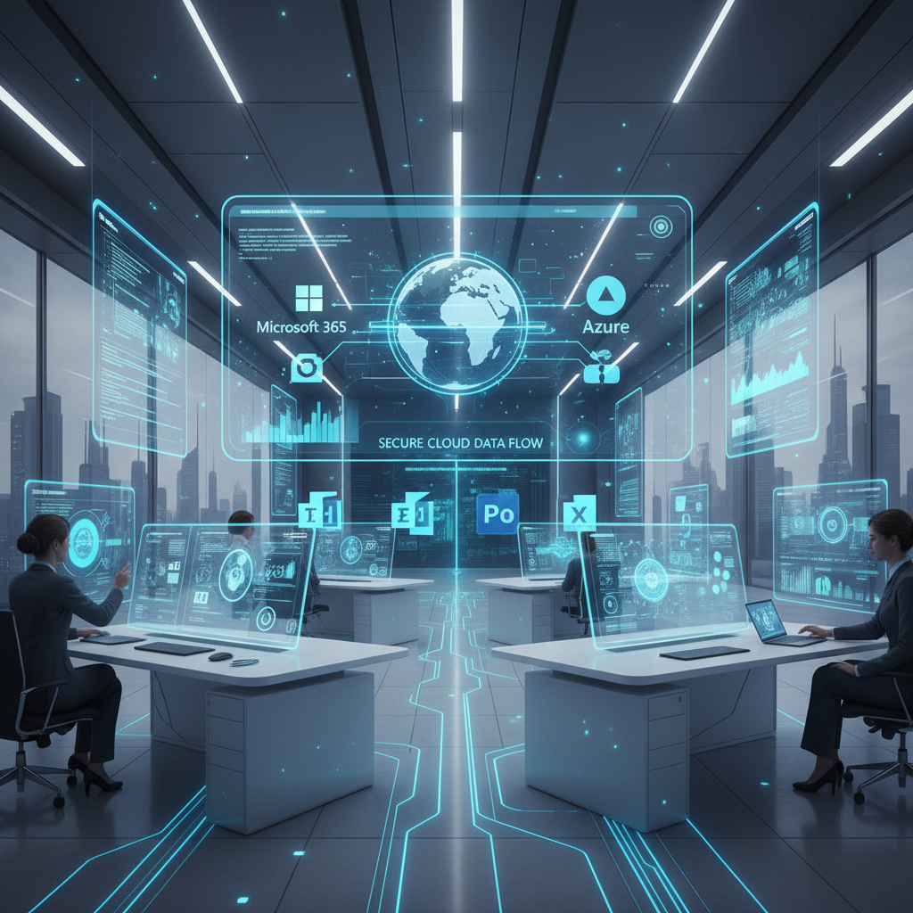 A futuristic office environment with holographic interfaces, showcasing seamless integration of Microsoft Modern Workplace technologies