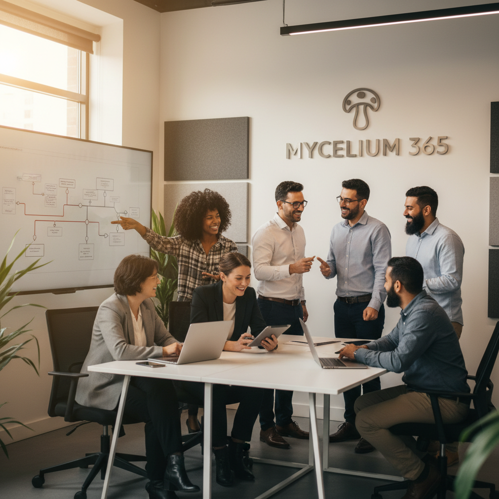 Mycelium 365 team members smiling and working collaboratively in a modern office, representing expert managed IT services