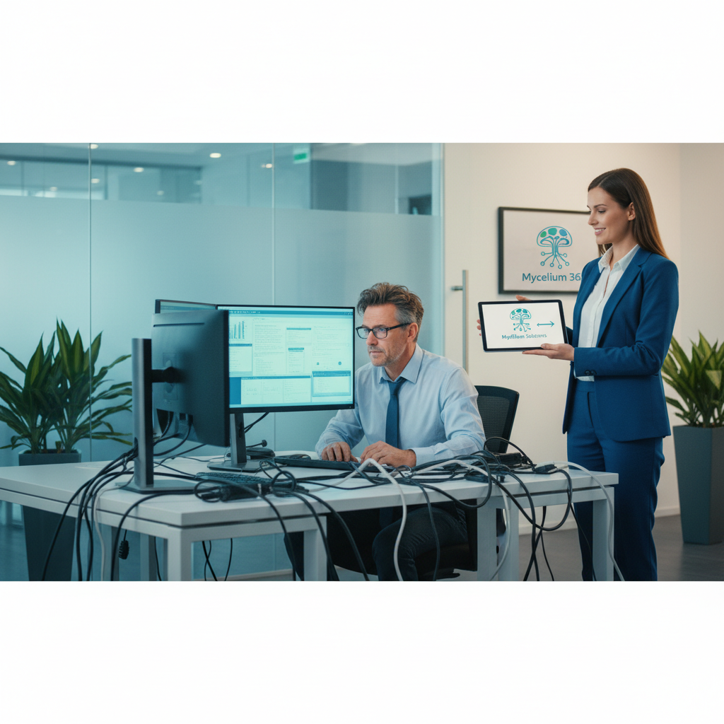 A business owner looking stressed while surrounded by computer screens and tangled cables. A Mycelium 365 consultant stands nearby, offering a solution.