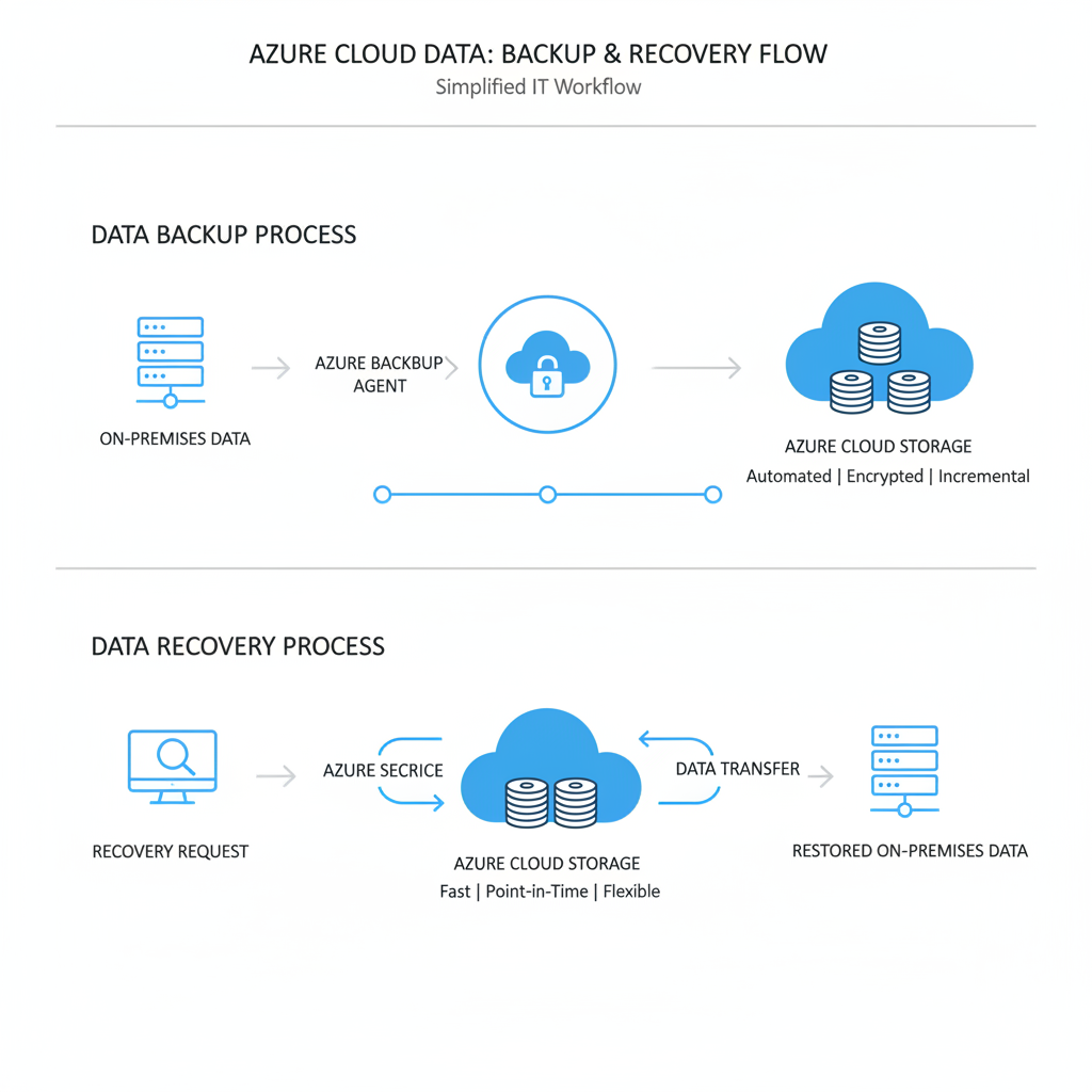 A diagram illustrating the process of backing up data to Azure cloud storage and the recovery process.