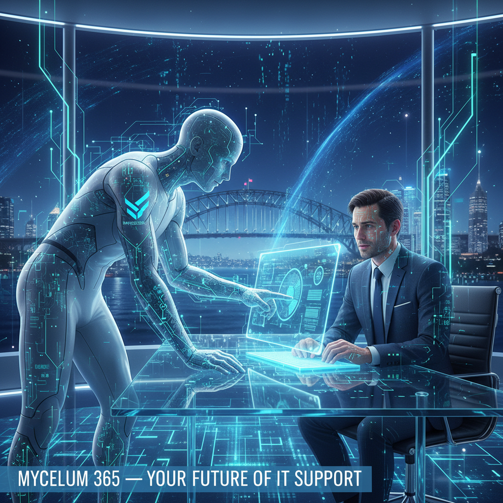 A Mycelium 365 IT support technician assisting a client in their office in Sydney. The Sydney Harbour Bridge is visible in the background through a window.