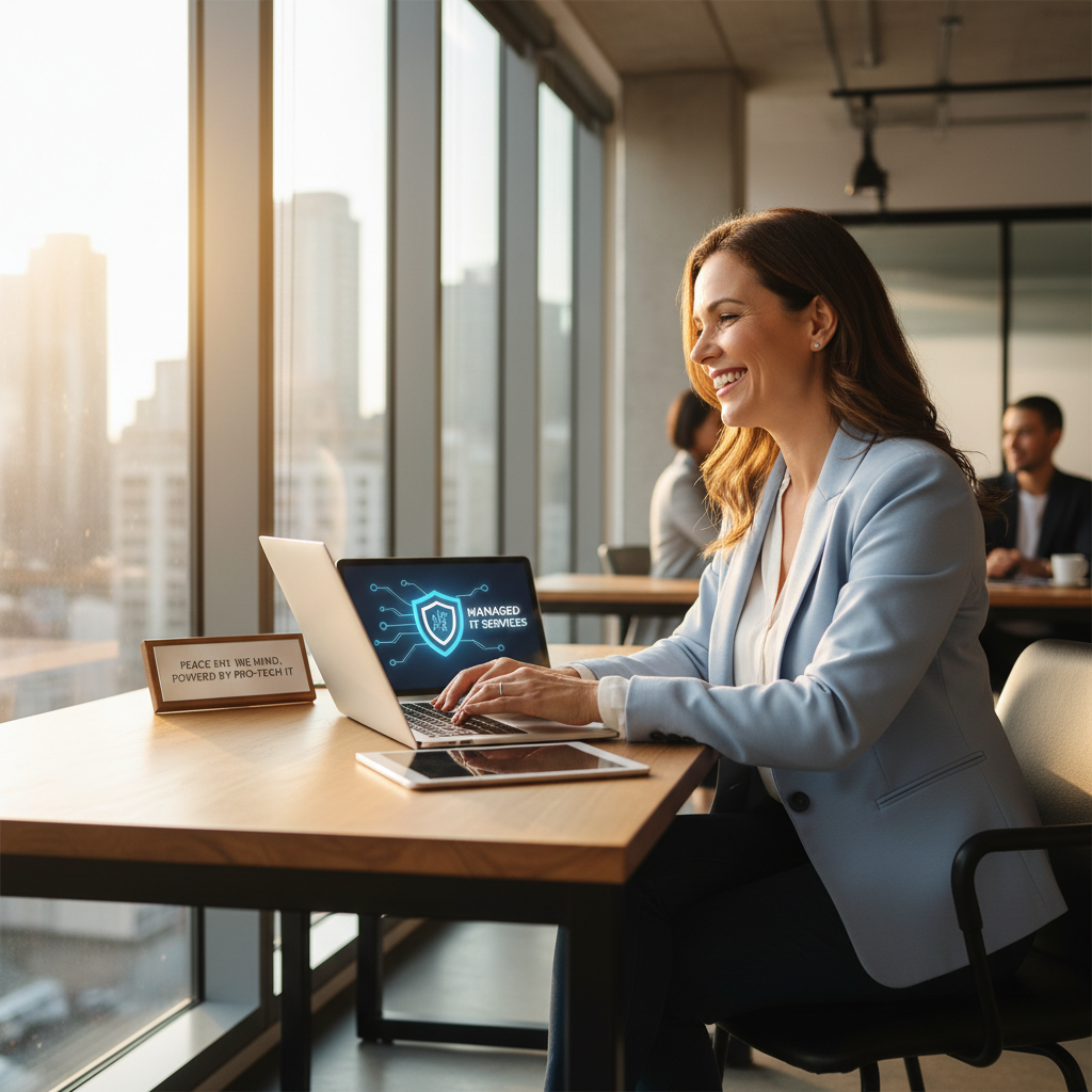 A happy business owner confidently working on their laptop, symbolising the peace of mind that comes with reliable Managed IT Services.