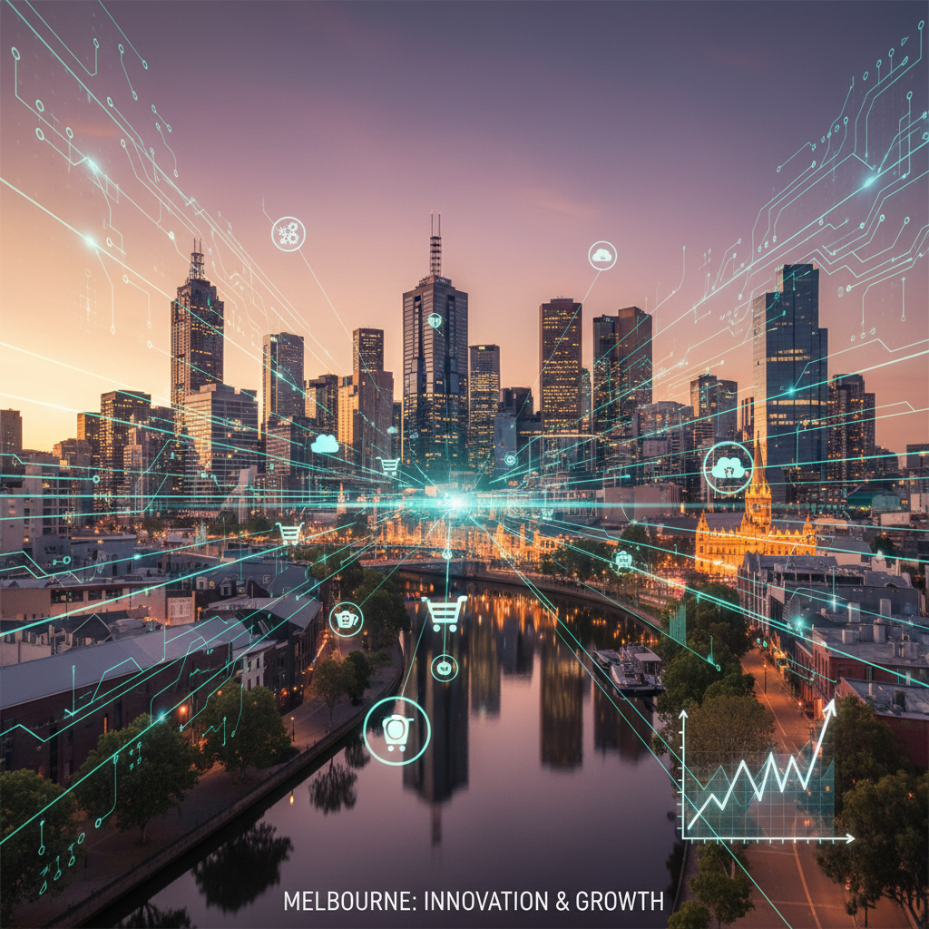 Melbourne skyline with digital overlay representing technology and local business