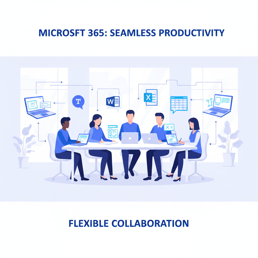 Diverse team collaborating seamlessly using Microsoft 365 tools across different devices in a modern office setting