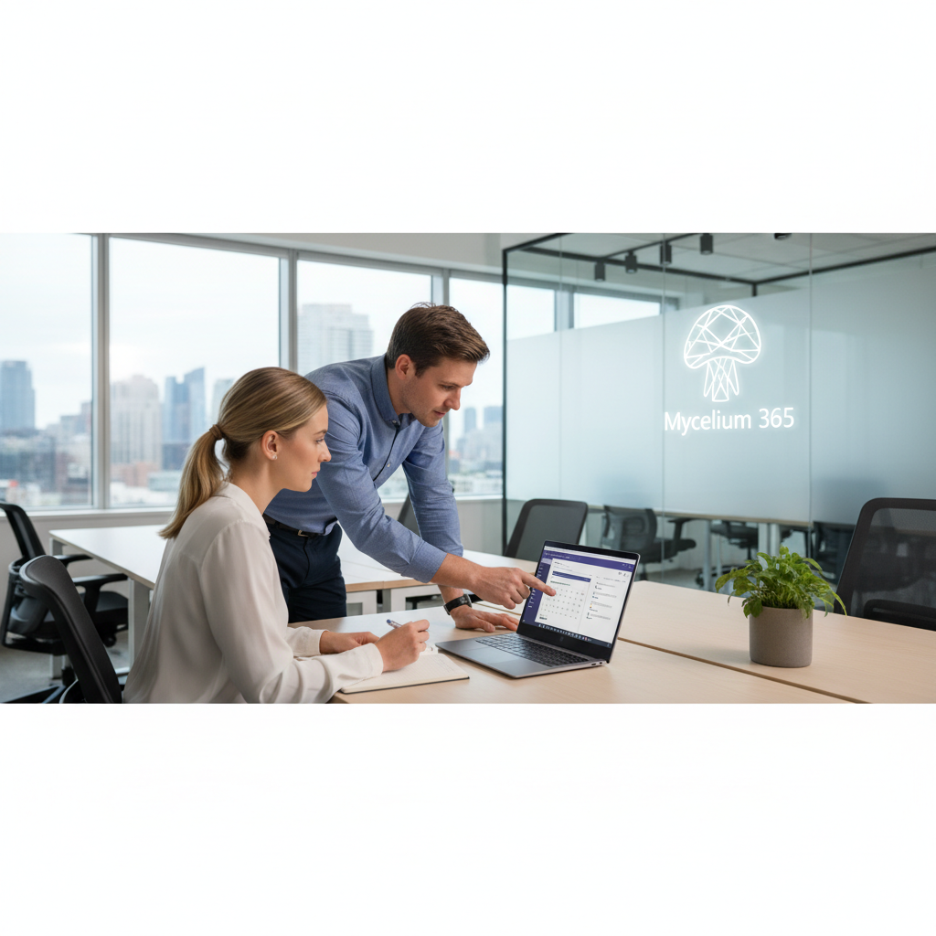 A technician assisting a user with a Microsoft 365 application on their laptop, set in a modern office environment. The Mycelium 365 logo is subtly displayed in the background.