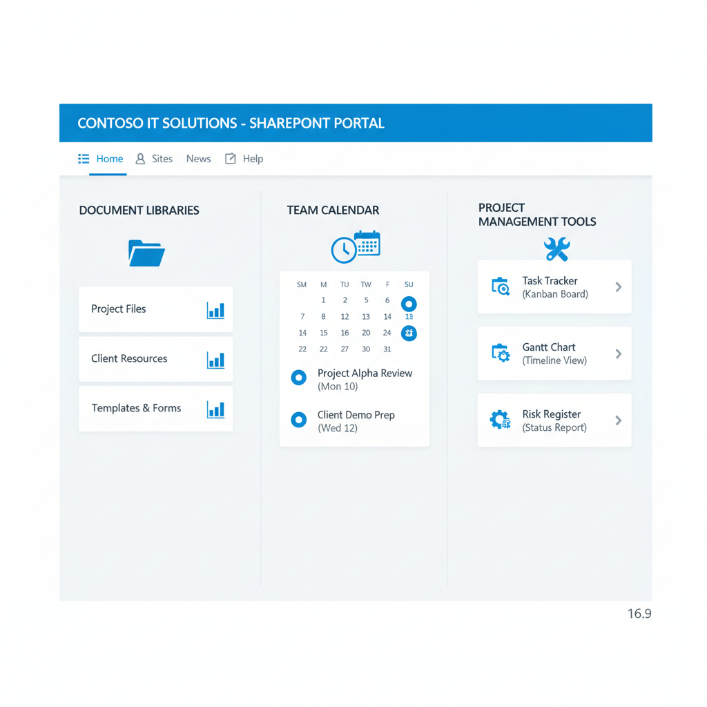A screenshot of a well-organized SharePoint site, showcasing document libraries, team calendars, and project management tools.
