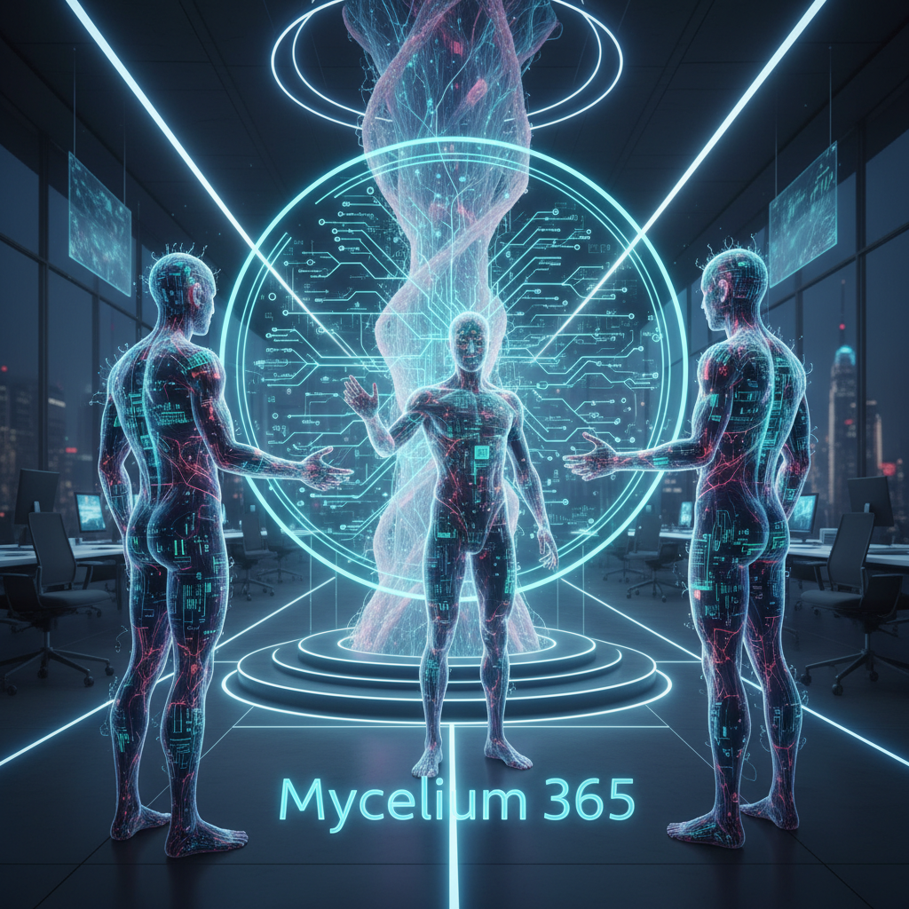 A team of Mycelium 365 IT professionals collaborating in a modern office environment, discussing a network diagram on a large screen.