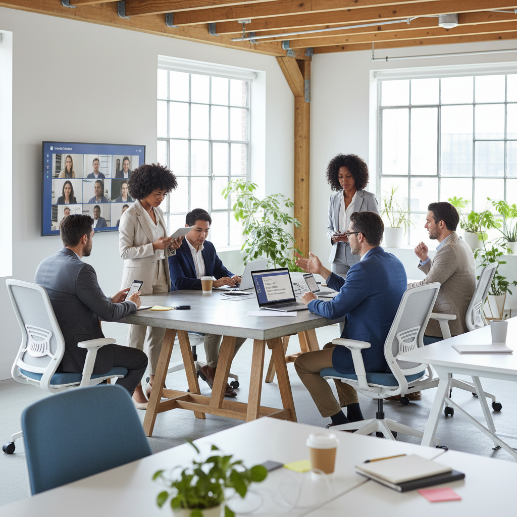 Office workers collaborating in a modern, bright office space using Microsoft Teams on various devices (laptops, tablets, phones)