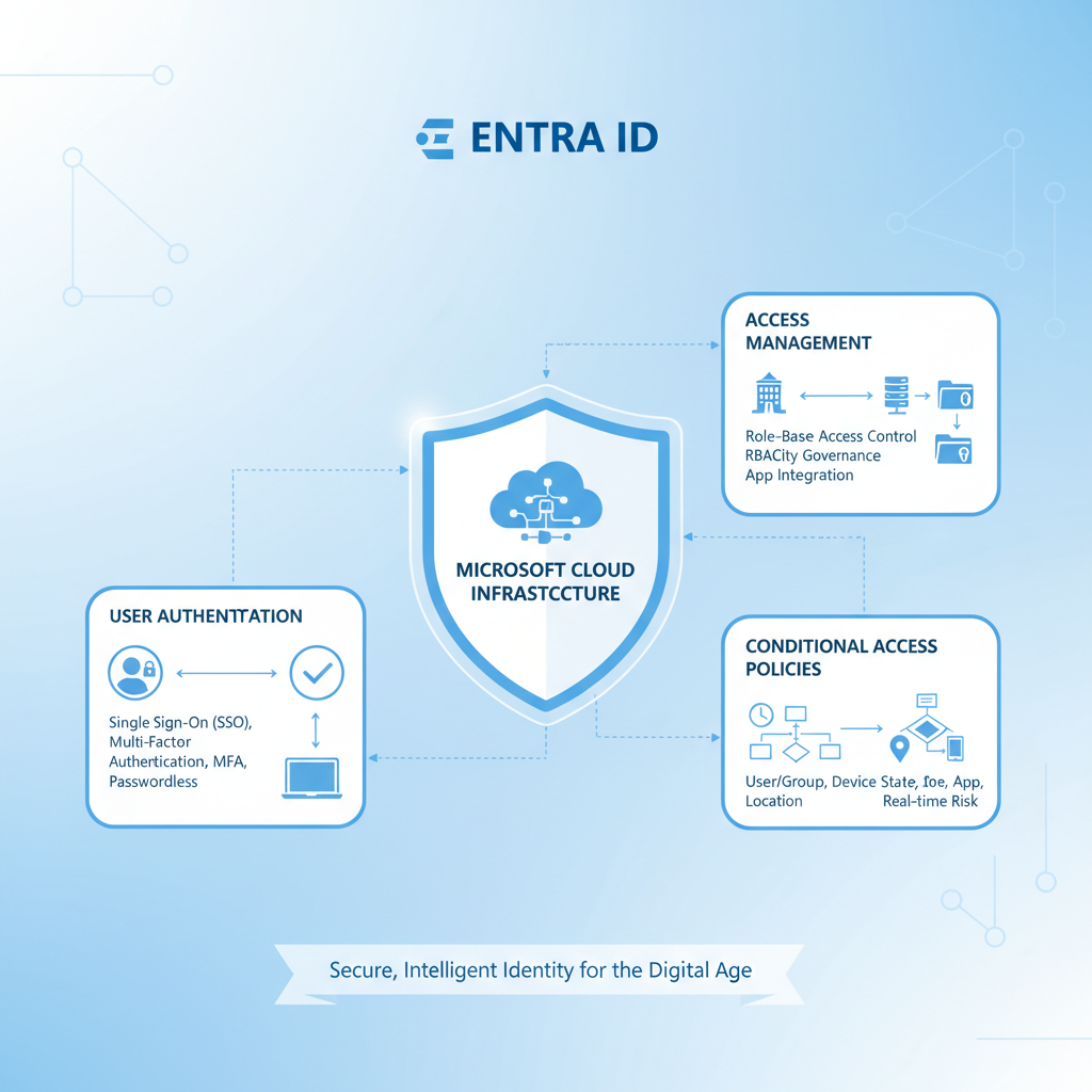Diagram illustrating the functionalities of Entra ID, including user authentication, access management, and conditional access policies, all secured by Microsoft's cloud infrastructure.