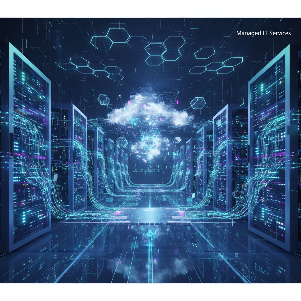 A secure data center with rows of servers and blinking lights, representing the robust infrastructure behind managed IT services and cloud solutions.