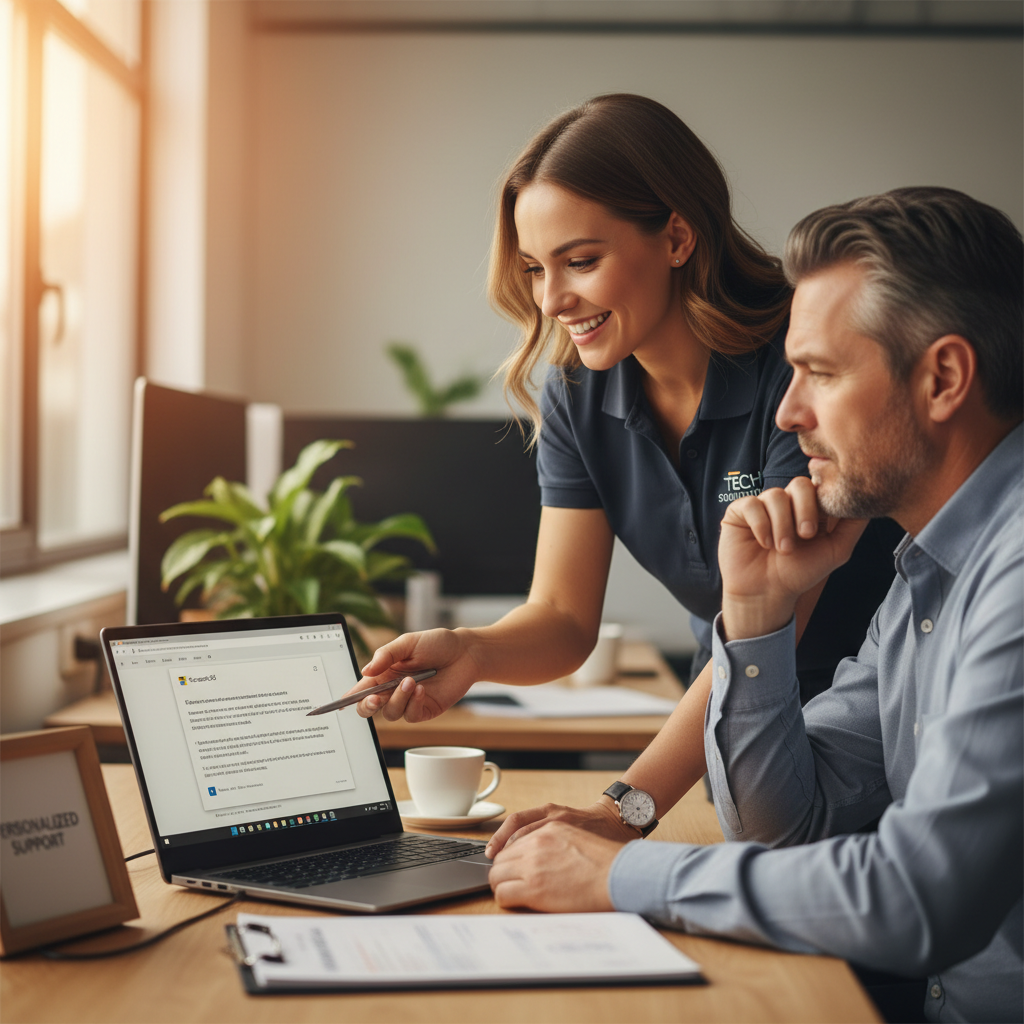 A friendly IT support technician assisting a client with a Microsoft 365 issue on their laptop, showcasing the personalized support offered by managed IT services.
