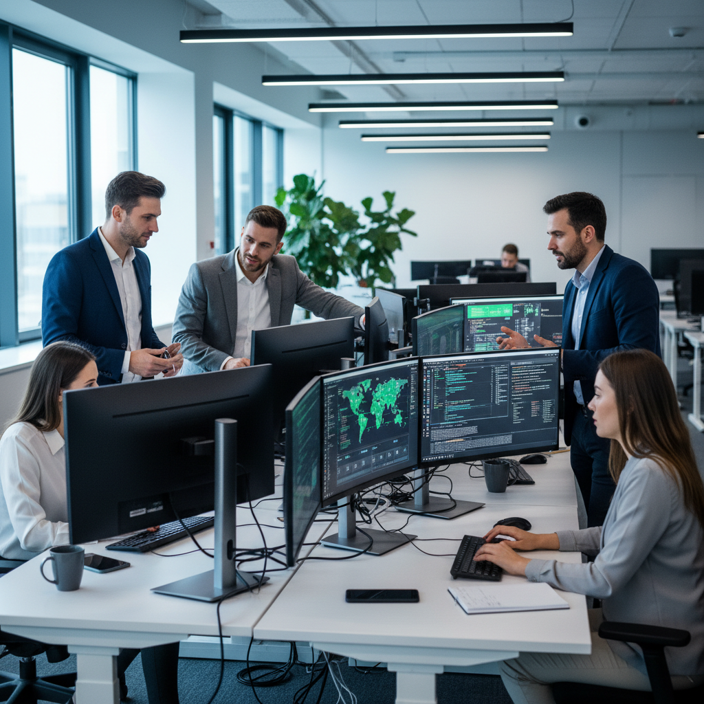 A team of IT professionals working collaboratively in a modern office environment, monitoring network activity on multiple screens. The atmosphere is focused and efficient.