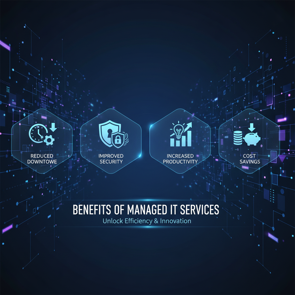 A chart illustrating the benefits of managed IT services, including reduced downtime, improved security, increased productivity, and cost savings. Each benefit is represented by a clear and concise icon.
