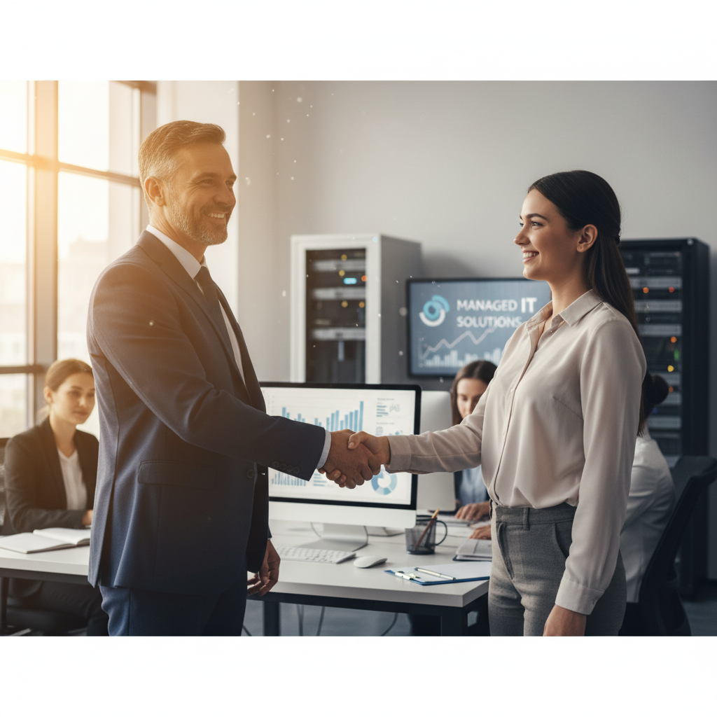 A satisfied business owner shaking hands with an IT consultant, symbolizing a successful partnership and the positive impact of managed IT services on business growth.