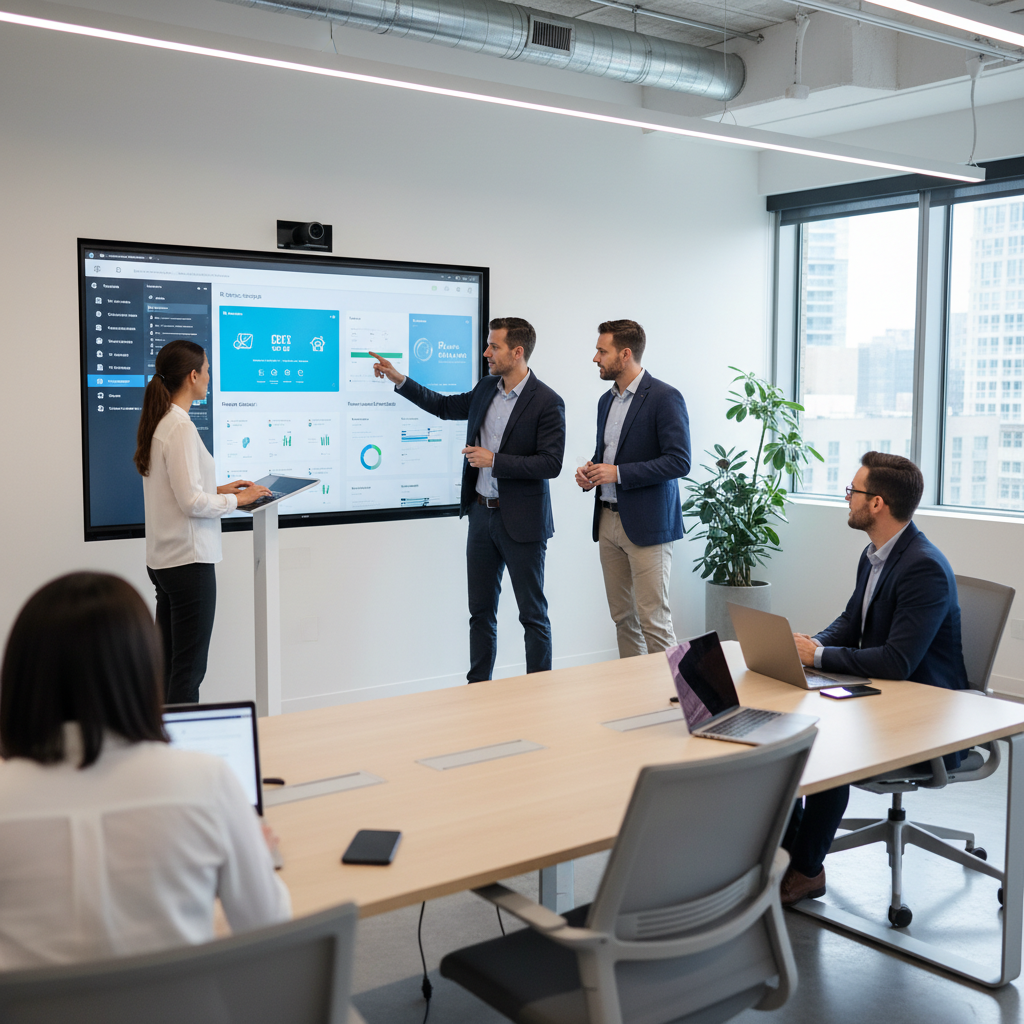 A team of IT professionals collaboratively working on a Microsoft 365 dashboard on a large screen in a modern office setting.