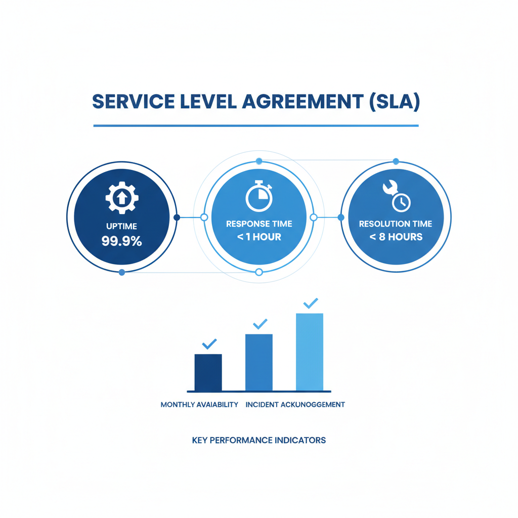 A visual representation of a Service Level Agreement (SLA) highlighting key metrics like uptime, response time, and resolution time in a clean, professional design.